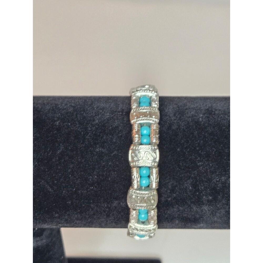 Silver Tone Bracelet Adjustable Length with Teal Beads and S Design - Picture 2 of 6